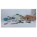Kitchen items: Cookie press, glass bear jar,