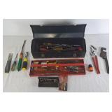 Metal toolbox, assorted tools, channel locks,