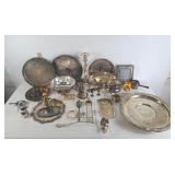 Assortment of silver plate, candle stick, ladle,