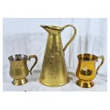 Brass pitcher and 2 brass mugs