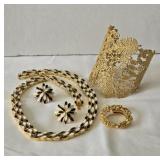 Gold tone Necklace Earrings Set Cuff Bracelet &