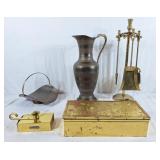 Fireplace tools, kindling tray, pitcher, and