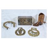 Embossed match box, brass harness medallions,