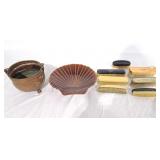 Brass planter, shoe shine brushes, clam shell