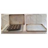 Assorted baking sheets, cooling rack, ans muffin