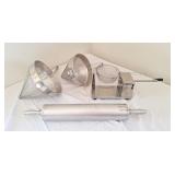 Potato slicer, large rolling pin, and strainers