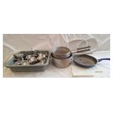 Gravy boats, pots, pan, cutting boards, and