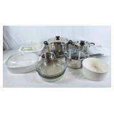 Various pots, casserole dishes, pie plates, etc