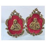 Vintage Brass & Velvet Jesus & Mary Wall Plaques