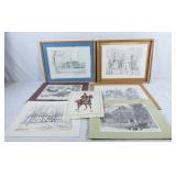 7 Sketch prints. Various tourist / prestigious