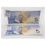 Pair of Uncirculated 2002 Canada Five Dollar