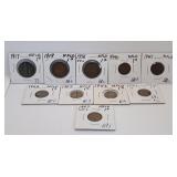 Ten Newfoundland Pennies. Various Years Between