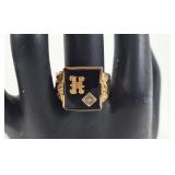 10K black onyx and diamond initial "H" signet