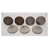 Seven Mexico Fifty Pesos Coins. Coins are from