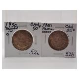 Pair of 1950 Canada 50 Cent Pieces. One has a