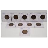Ten Canada Pennies from the Years 1906-1915