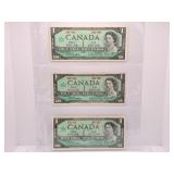 Trio of 1967 Canada One Dollar Bills