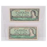 Pair of 1954 Canada One Dollar Bills with Off