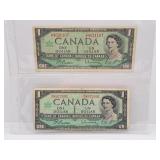 Pair of 1967 Canada One Dollar Bills with Off