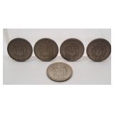 Five Jamaica Ten Cents Coins. From the Years