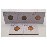 1949, 1953, 1967, 1975 and 1979 Canada Pennies