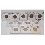Twelve Canada Nickels. Various Years Between 1942