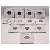 Twelve Canada Dimes. Various Years Between 1970