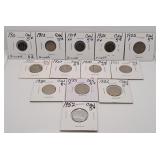 Thirteen Canada Nickels. Various Years Between