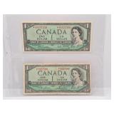 Pair of 1954 Canada One Dollar Bills. One is a