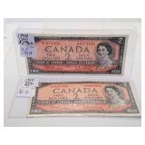Pair of 1954 Canada Two Dollar Bills