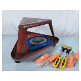 Vintage Rolling Shop Stool, Saw Blade &