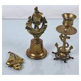 Brass Nautical Bell, Candle Holder & Sailboat