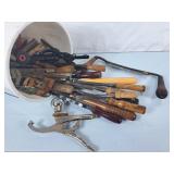 Bucket of Vintage Wood Handled Tools