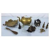 Brass Teapot, Finials, Maple Leaf Trinket Dish,