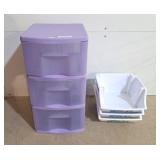 Purple storage organizer and white bins. Purple