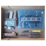 Vintage lighters, jack knives stamps
