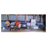 Handyman lot Dolly wheels, gas can, bin of nails