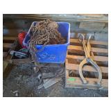 Vintage ice block tongs, chain falls hooks