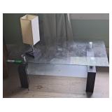 Glass Top Table with Wood Legs & Table Lamp