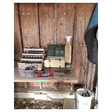 5 fishing poles, 2 tackle boxes, box of reels