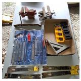 Vices, wrecking bars, files, Dewalt battery