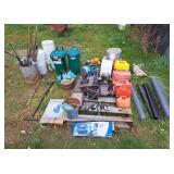 On Pallet: gas cans, air hose reel, wooden cart,