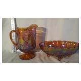 Carnival Glass Pitcher And Footed Fruit Bowl