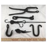 Collection of Wrought Iron Tools & Hooks