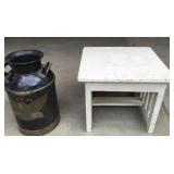 Wooden End Table & Old Milk Jug