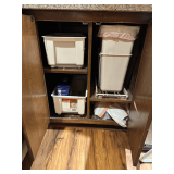 Contents of Cabinet: Trash Can & More
