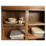 Contents of Cabinet featuring Dishes, Bowls, cups Plasticware, Bakeware & More