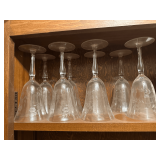 Contents of Cabinet Featuring 8 Vintage Etched Crystal Glasses & More