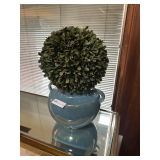 Blue Ceramic Pot with Faux Boxwood Ball