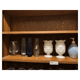 Contents of the Cabinet Featuring a Vintage Old Quilt Patter Milk Glass Celery Vase
